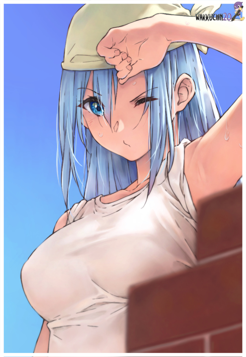 1girl aqua_(konosuba) armpits artist_name bangs blue_eyes blue_hair blurry blurry_foreground blush border breasts brick_wall collarbone hand_on_forehead highres kono_subarashii_sekai_ni_shukufuku_wo! large_breasts long_hair looking_at_viewer one_eye_closed shirt solo sweat wakkuchin20 white_border white_shirt