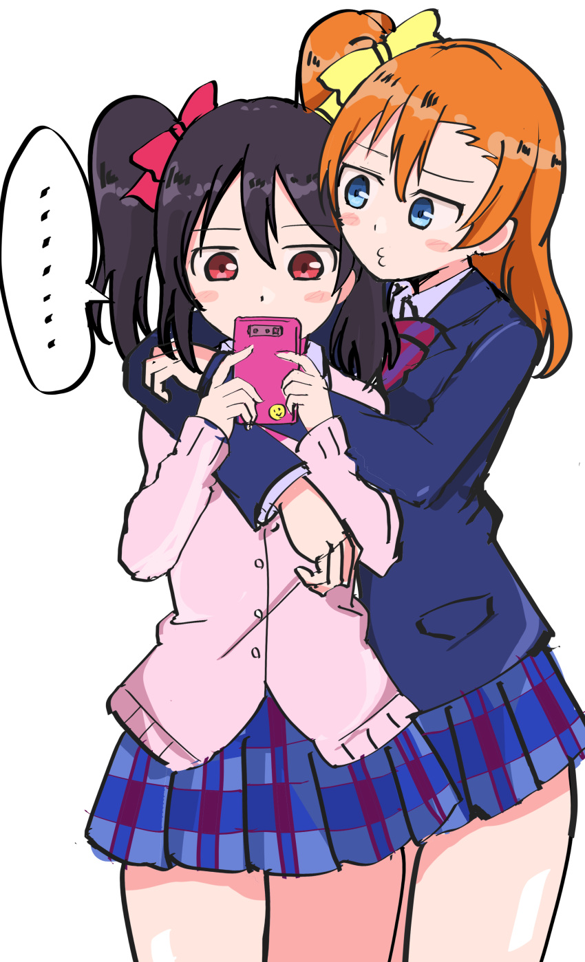 ... 2girls :3 absurdres arms_around_neck black_hair blazer blue_eyes blush_stickers bow cellphone check_commentary commentary_request hair_bow hands_on_another's_shoulders highres holding holding_phone hug jacket kousaka_honoka love_live! love_live!_school_idol_project miniskirt multiple_girls orange_hair phone pleated_skirt red_eyes school_uniform side_ponytail simple_background skirt smartphone speech_bubble thighs wewe white_background yazawa_nico