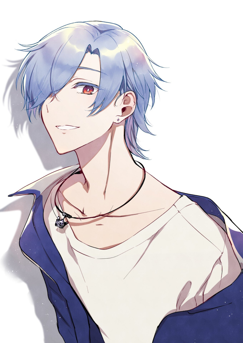 1boy blue_hair blue_jacket bright_pupils copyright_request earrings hair_over_one_eye highres jacket jewelry looking_at_viewer male_focus necklace one_eye_covered open_clothes open_jacket parted_lips pochi_(pochi-goya) red_eyes shirt simple_background smile solo stud_earrings upper_body white_background white_pupils white_shirt