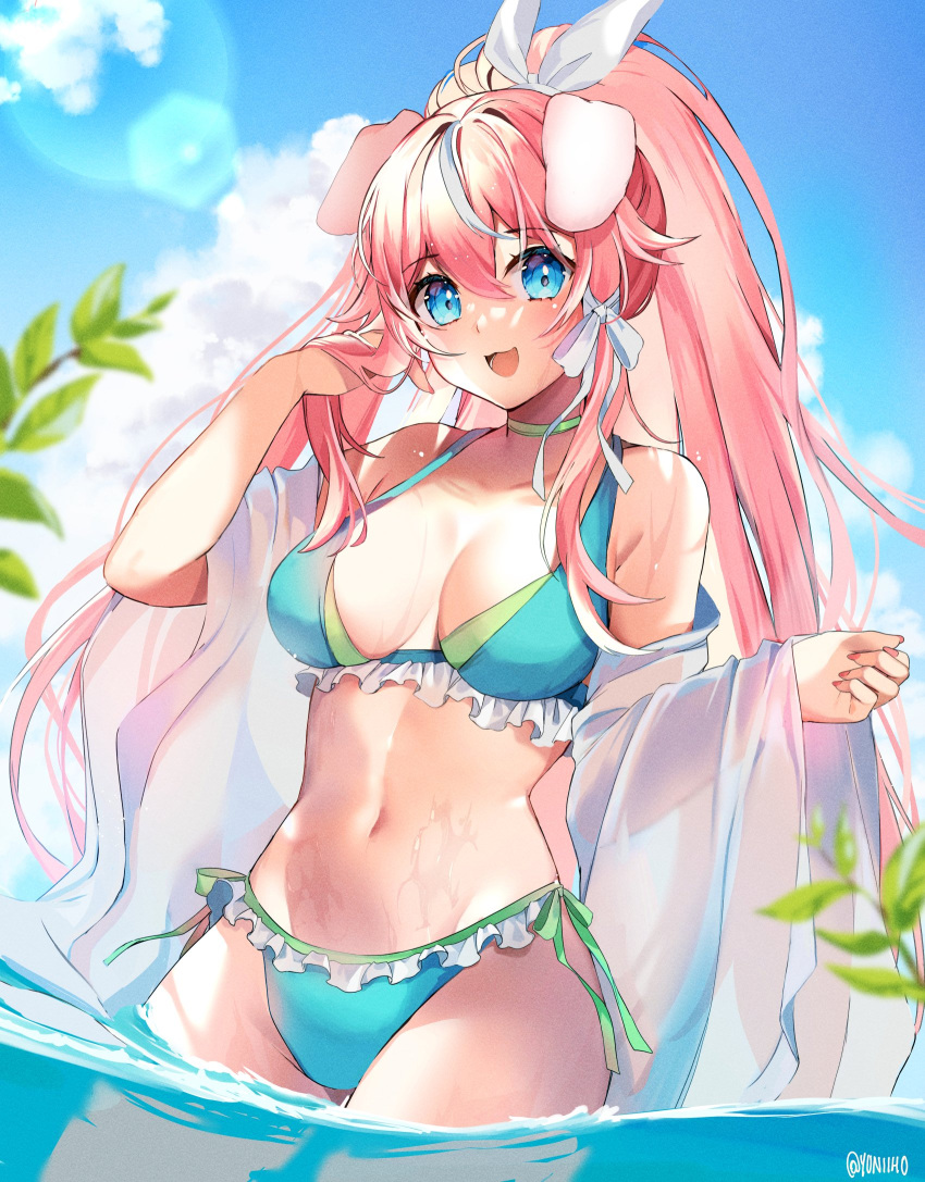 1girl :d animal_ears bare_shoulders bikini blue_bikini blue_eyes breasts choker day dog_ears floppy_ears frilled_bikini frills hair_ribbon highres indie_virtual_youtuber long_hair looking_at_viewer medium_breasts multicolored_hair navel off_shoulder open_clothes open_mouth outdoors pink_hair ponytail ribbon side-tie_bikini smile solo standing stomach streaked_hair swimsuit thighs very_long_hair virtual_youtuber wading water wet yuniiho yuniiho_(vtuber)