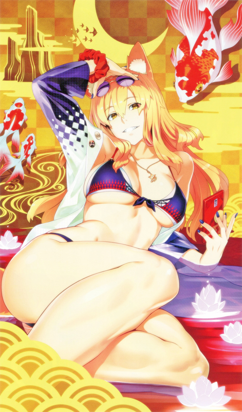 1girl absurdres animal_ears bare_legs bikini blonde_hair breasts breasts_apart cellphone checkered checkered_background craft_essence crescent cropped eyewear_on_head fate/grand_order fate_(series) fish flower fox_ears grin heavenly_demon_princess highres iphone jacket jewelry legs long_hair looking_at_viewer lotus medium_breasts necklace non-web_source official_art phone purple_bikini red_scrunchie scan scrunchie seigaiha shaka_p smartphone smile solo suzuka_gozen_(fate) swimsuit thighs water wrist_scrunchie yellow_background yellow_eyes
