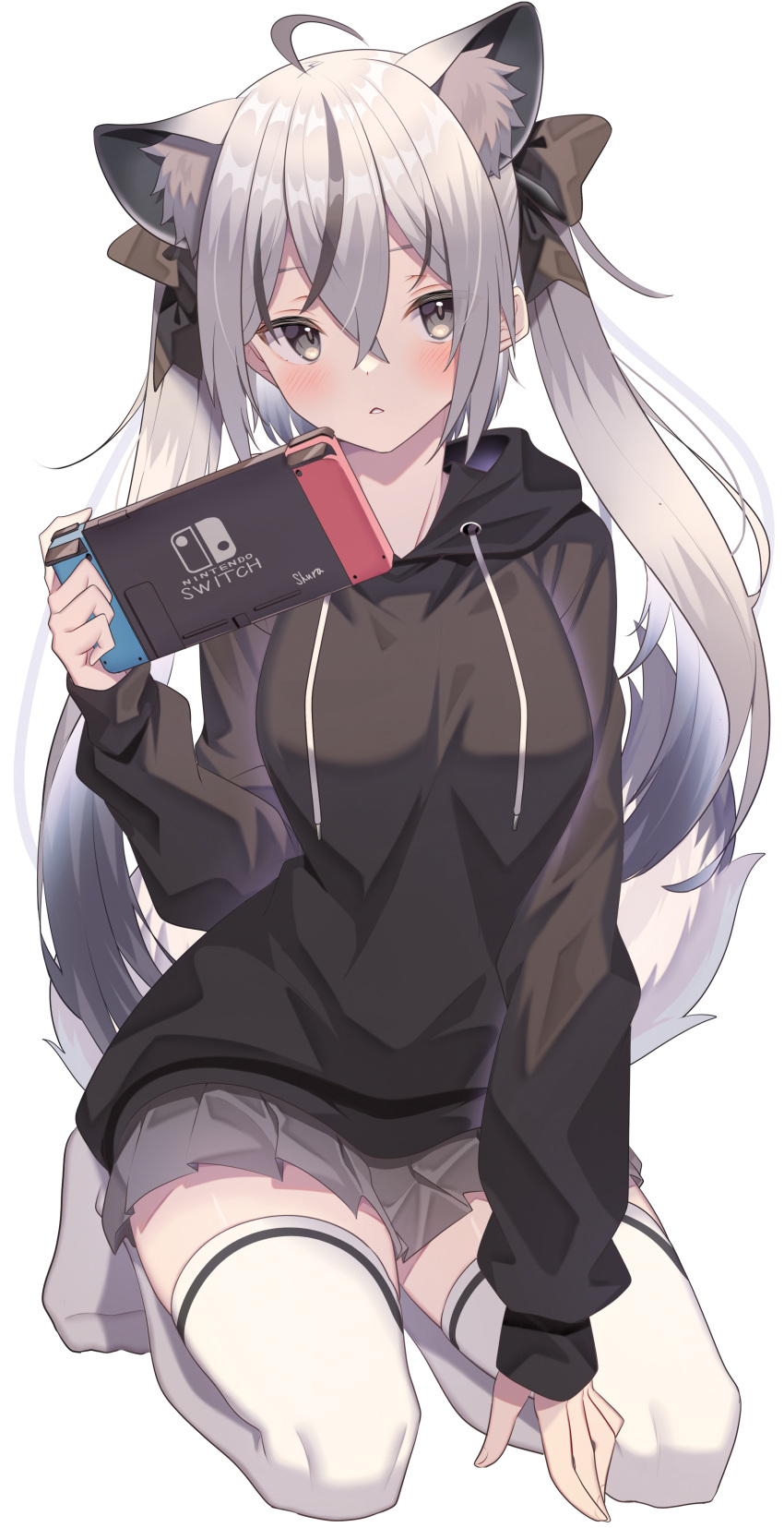 1girl absurdres ahoge animal_ear_fluff animal_ears bangs black_bow black_jacket bow crossed_bangs grey_eyes grey_skirt hair_between_eyes hair_bow handheld_game_console highres holding holding_handheld_game_console jacket jun_(aousa0328) long_sleeves looking_at_viewer nintendo_switch original silver_hair simple_background sitting skirt solo tail thigh-highs twintails wariza white_background zettai_ryouiki