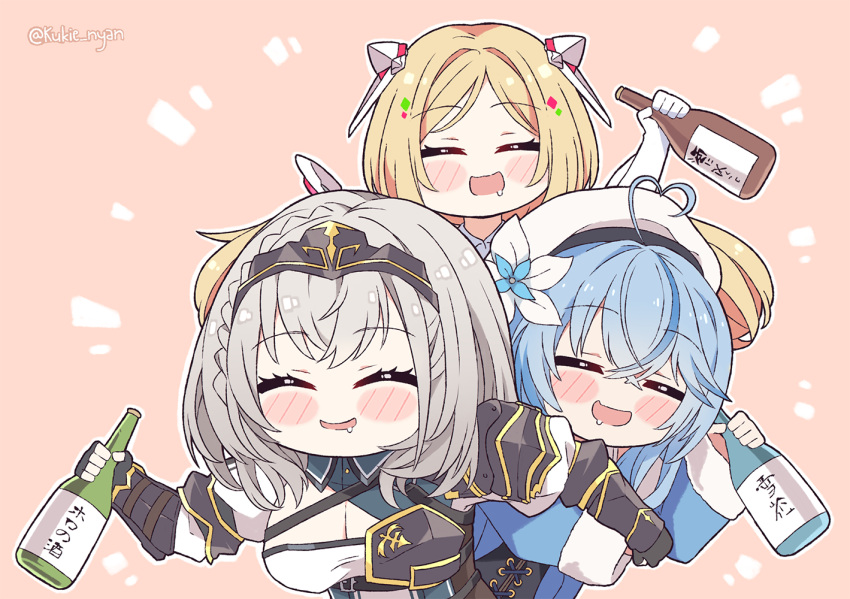 3girls :d =_= ^_^ aki_rosenthal blonde_hair blue_hair blush_stickers bottle chibi closed_eyes commentary drooling drunk english_commentary holding holding_bottle hololive kukie-nyan meme multiple_girls open_mouth sake_bottle shirogane_noel silver_hair smile twitter_username virtual_youtuber yukihana_lamy