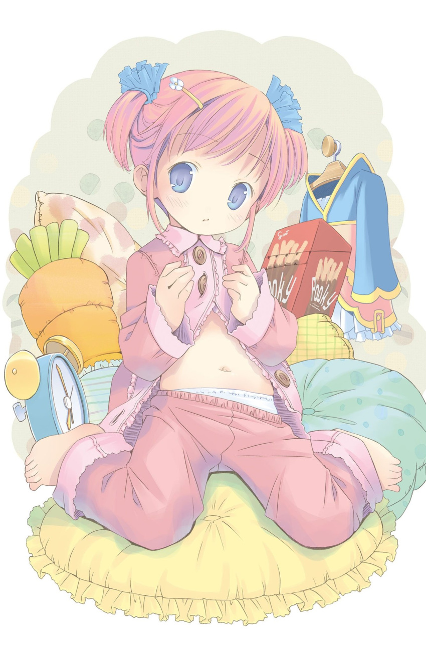 1girl barefoot belly blue_eyes blush buttons clock flat_chest flower food hair_ornament hairpin highres kneeling long_sleeves marl_(project_witch) midriff navel open_clothes pajamas panties pantyshot pillow pocky pop_(electromagneticwave) project_witch redhead scrunchie short_hair short_twintails solo twintails unbuttoned underwear white_panties