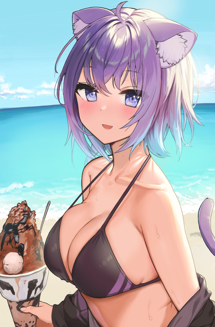 1girl ahoge animal_ears beach bikini black_bikini breasts cat_ears cat_tail food highres hololive ice_cream large_breasts nekomata_okayu ocean purple_hair shirokuma_1231 swimsuit tail violet_eyes virtual_youtuber