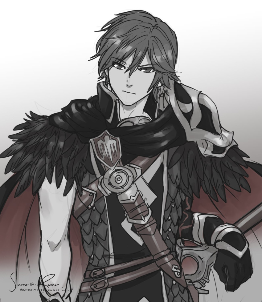 1boy adult armor artist_name chrom_(fire_emblem) dress falchion_(fire_emblem) fire_emblem fire_emblem_awakening fire_emblem_heroes gloves greyscale highres intelligent_systems looking_to_the_side male_focus monochrome nintendo scale_armor short_hair sierra117renner solo strapless strapless_dress super_smash_bros. sword watermark weapon