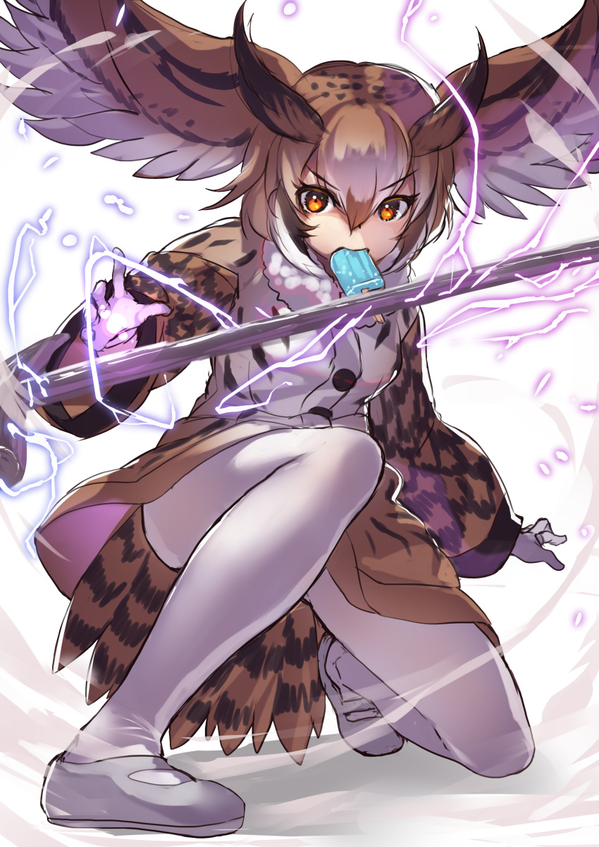 1girl absurdres action bird_girl bird_tail bird_wings brown_hair brown_jacket coat commentary eating eurasian_eagle_owl_(kemono_friends) eyebrows_visible_through_hair food food_in_mouth fur_collar head_wings highres jacket kemono_friends long_sleeves looking_at_viewer mary_janes multicolored_hair orange_eyes owl_ears owl_girl pantyhose popsicle shoes short_hair solo squatting staff tadano_magu tail v-shaped_eyebrows weapon white_footwear white_fur white_hair white_legwear wings winter_clothes winter_coat