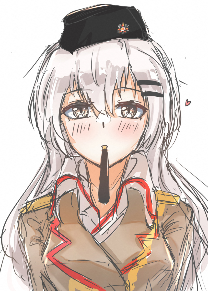 1girl absurdres bangs black_headwear blush brown_jacket eyebrows_visible_through_hair food girls_frontline grey_eyes hat heart heart_print highres incoming_pocky_kiss jacket long_hair looking_at_viewer military military_hat military_uniform muteppona_hito pocky pocky_kiss shirt silver_hair solo_focus star_(sky) svd_(girls_frontline) uniform white_background white_shirt