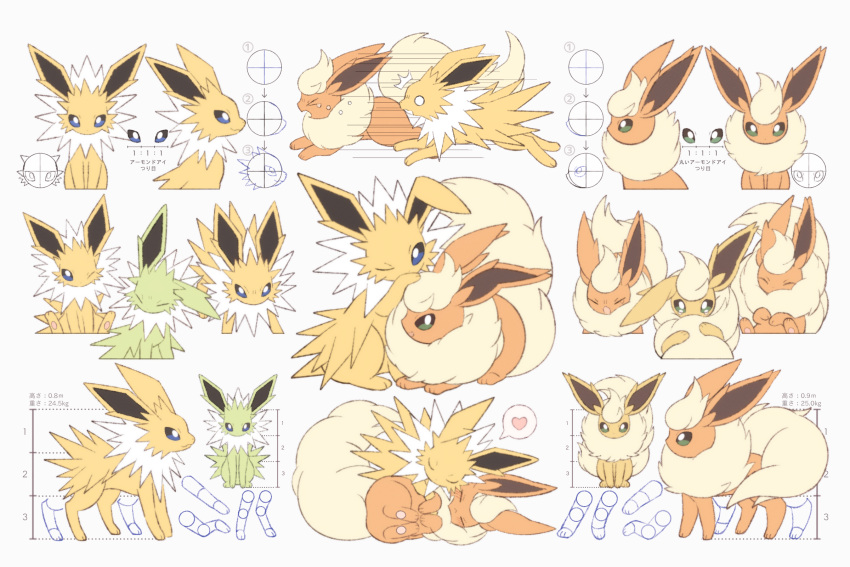 &gt;_&lt; alternate_color blue_eyes commentary_request crying flareon gen_1_pokemon green_eyes heart highres jolteon moco_font no_humans o_o one_eye_closed partially_colored paws pokemon pokemon_(creature) shiny_pokemon spoken_heart standing tears toes translation_request