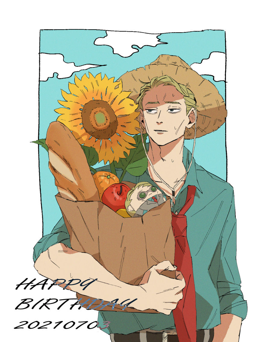 1boy apple bag baguette belt blonde_hair blue_shirt blue_sky border bread character_doll closed_mouth clouds collarbone commentary_request dated english_text flower food fruit grocery_bag hand_on_hip happy_birthday hat highres jujutsu_kaisen leaf loose_necktie male_focus mimaru_(mimaruramim) nanami_kento necktie orange_(food) red_neckwear shirt shopping_bag short_hair sky sleeves_rolled_up solo straw_hat sunflower sweat upper_body white_border