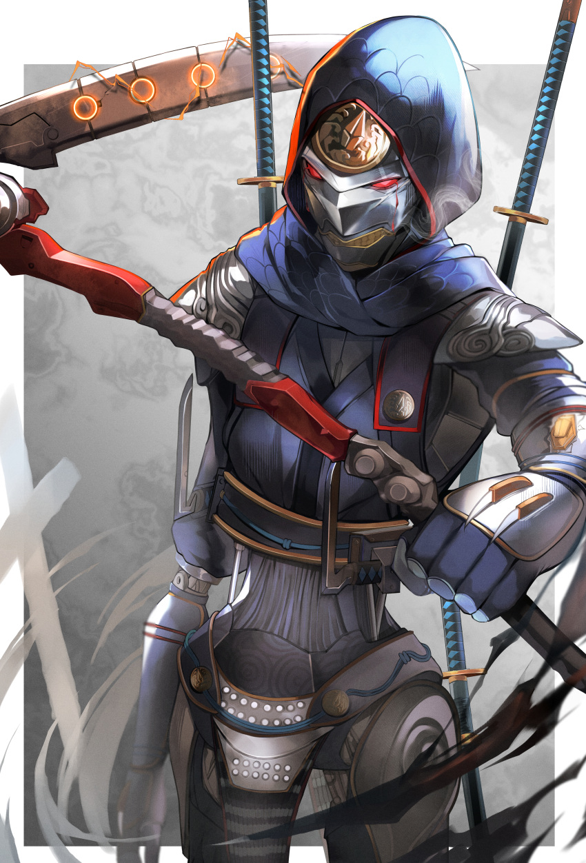 1boy absurdres apex_legends clenched_hand electricity highres holding holding_scythe hood huge_filesize humanoid_robot katana nitogebeto no_humans red_eyes revenant_(apex_legends) science_fiction scythe simulacrum_(titanfall) solo sword synthetic_shinobi_revenant weapon