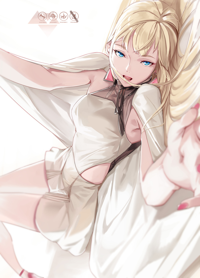 1girl absurdres armpit_peek bangs blonde_hair blue_eyes breasts dress earrings gigi_andalusia gundam gundam_hathaway's_flash high_heels highres jewelry looking_at_viewer lying ohland on_bed open_hand open_mouth red_footwear small_breasts smile solo triangle_earrings white_dress