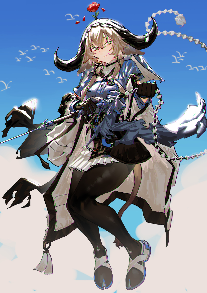1girl absurdres animal_ears arknights bangs bird black_gloves black_legwear black_skirt blue_shirt blue_sky brown_hair chain closed_mouth clouds coat commentary_request cow_ears cow_horns floating flower flower_on_head full_body gloves green_eyes hair_between_eyes highres holding holding_chain holding_weapon horns long_hair long_sleeves looking_at_viewer midair open_clothes open_coat pallas_(arknights) pantyhose red_flower renxzd sandals shirt skirt sky smile solo sunlight weapon white_coat white_footwear white_skirt