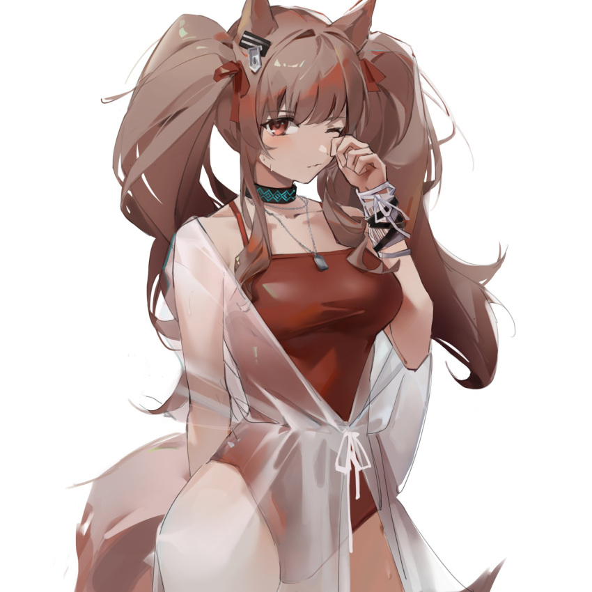 1girl angelina_(arknights) angelina_(summer_flowers)_(arknights) animal_ears arknights bangs black_choker brown_eyes brown_hair choker commentary cowboy_shot dog_tags fox_ears hair_ribbon hand_up highres infection_monitor_(arknights) long_hair looking_at_viewer one-piece_swimsuit one_eye_closed red_ribbon red_swimsuit ribbon see-through simple_background solo spaghetti_strap standing swimsuit twintails white_background yuan_(ziranran)