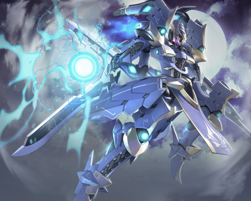 clouds dual_wielding energy_ball flying full_moon highres holding holding_sword holding_weapon ikaruga_(knight's_&amp;_magic) itaco knight's_&amp;_magic mecha moon no_humans sword weapon