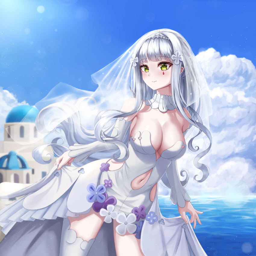 1girl absurdres alternate_costume blue_sky breasts building clothing_cutout cross_hair_ornament daisy_cutter day detached_collar detached_sleeves dress facial_mark girls_frontline green_eyes hair_ornament highres hk416_(girls_frontline) large_breasts long_hair navel navel_cutout outdoors sidelocks sky smile solo teardrop thigh-highs veil white_dress white_hair white_legwear