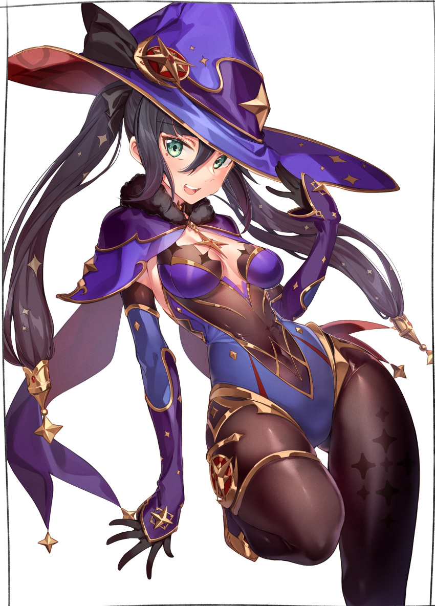 1girl absurdres aqua_eyes bare_shoulders black_gloves black_hair blue_cape blue_headwear blue_leotard bodystocking breasts brown_legwear cape choker covered_navel detached_sleeves elbow_gloves fur_collar genshin_impact gloves gold_trim hat hat_ornament highleg highleg_leotard highres kei_(soundcross) leotard long_hair looking_at_viewer medium_breasts mona_(genshin_impact) open_mouth pantyhose smile solo thighlet thighs twintails witch_hat