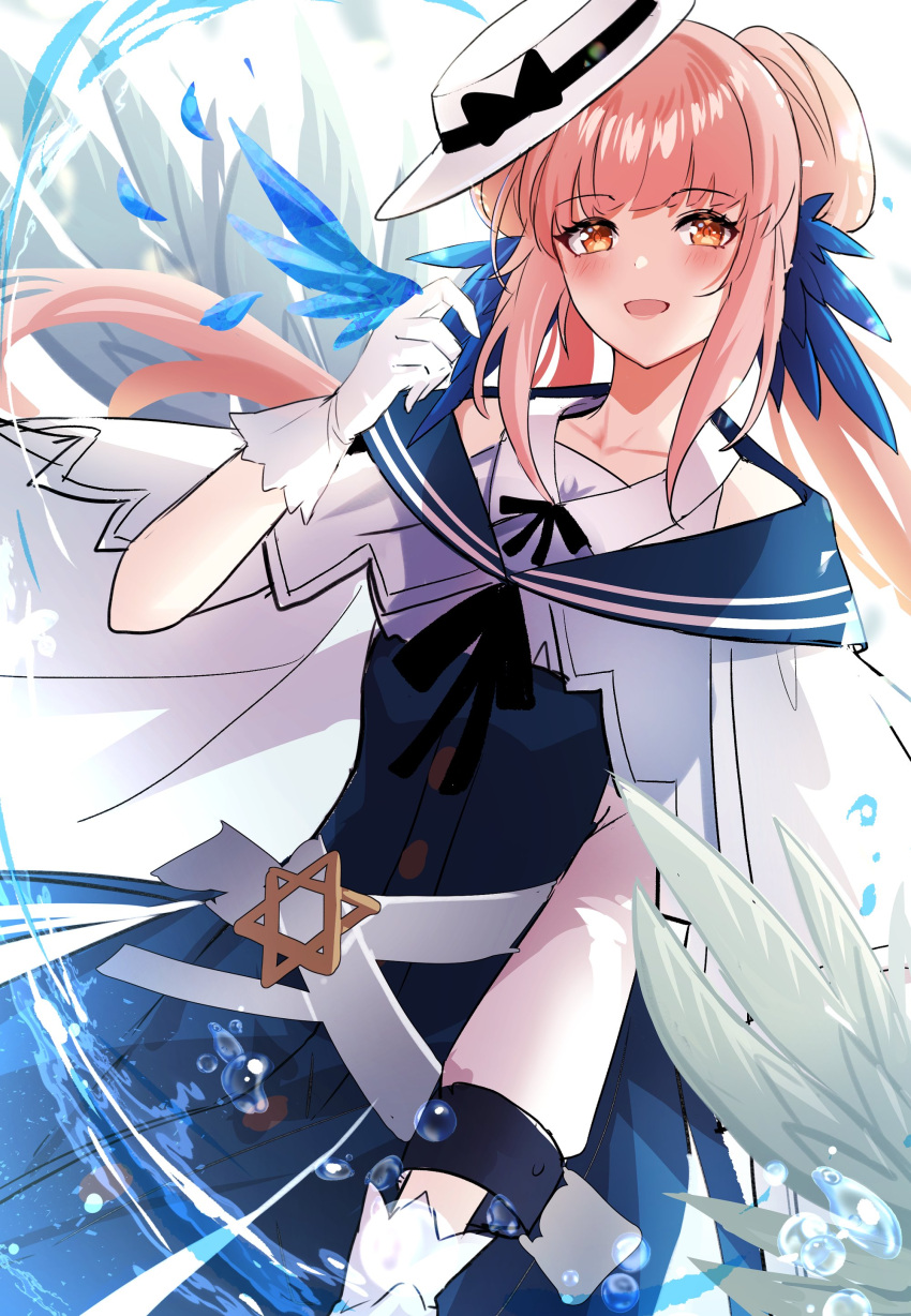1girl :d absurdres arknights bangs black_bow blue_dress blue_feathers bow ceylon_(arknights) commentary_request dress eyebrows_visible_through_hair feather_hair gloves hair_between_eyes hand_up hat hat_bow highres long_hair open_mouth orange_eyes pink_hair smile solo upper_body white_gloves white_headwear xroxxro