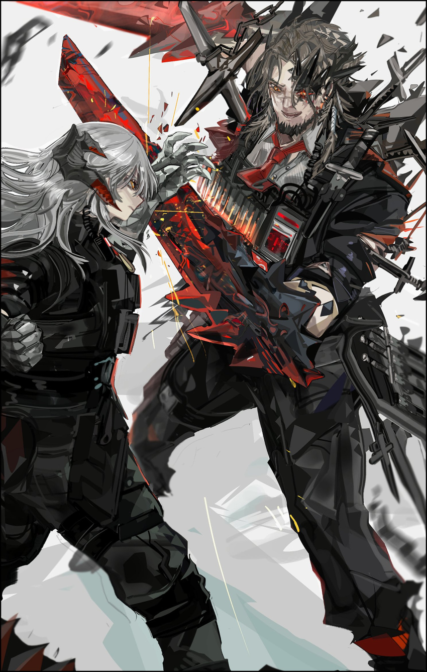 1boy 1girl arknights bangs battle beard black_border black_pants black_shirt border brown_hair chain claws closed_mouth collared_shirt commentary debris dragon_horns duel english_commentary facial_hair glaring grey_background highres horns jesselton_williams_(arknights) knife legs_apart long_hair looking_at_another necktie nslacka official_alternate_costume open_mouth orange_eyes originium_arts_(arknights) oripathy_lesion_(arknights) pants plate_carrier profile red_neckwear saria_(arknights) saria_(the_law)_(arknights) scar scar_on_face scar_on_nose shirt silver_hair sleeves_rolled_up standing tactical_clothes walkie-talkie