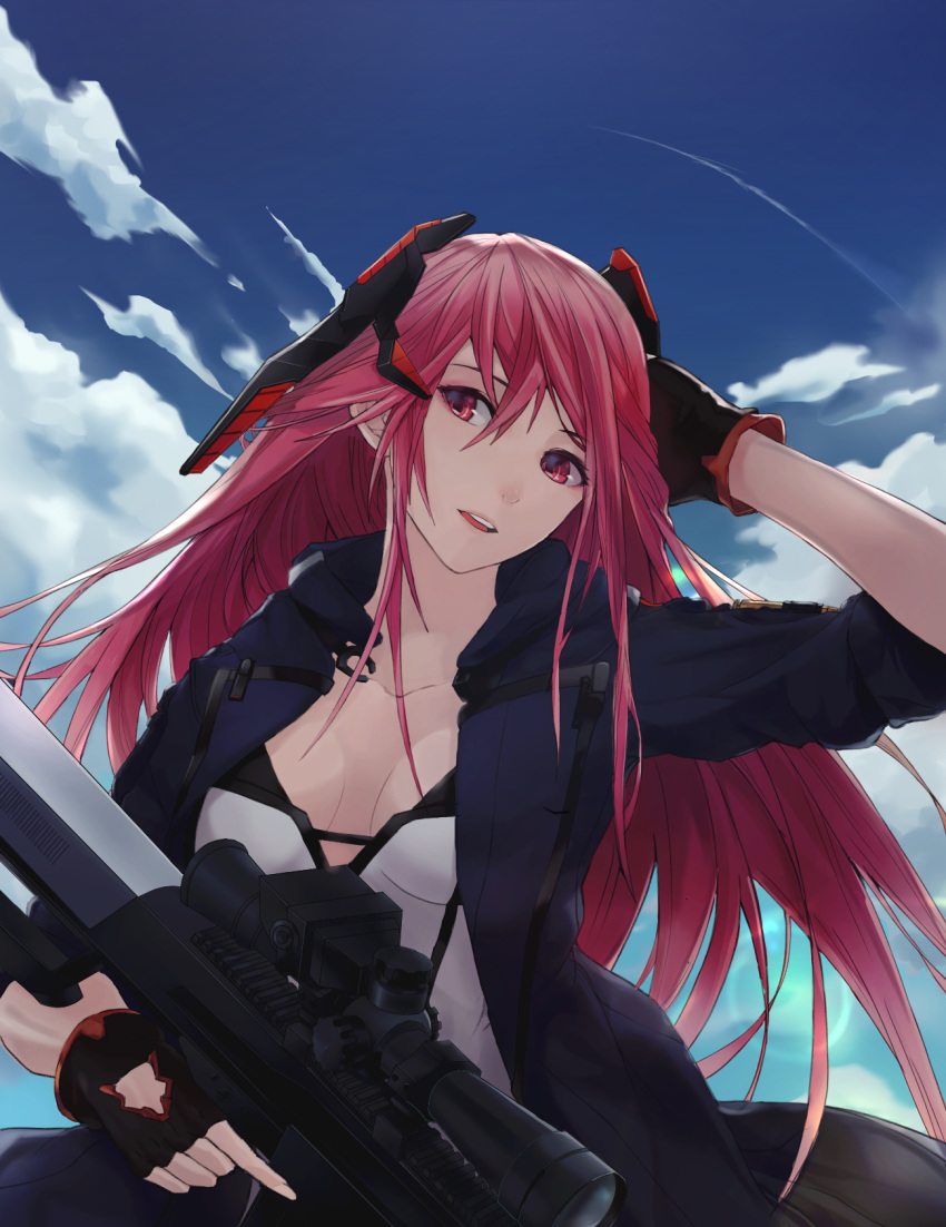1girl anti-materiel_rifle bangs barrett_m82 black_gloves blue_jacket blue_sky breasts clouds collarbone eyebrows_visible_through_hair fingerless_gloves from_behind girls_frontline gloves gun hand_in_hair highres holding holding_weapon jacket long_hair looking_at_viewer m82a1_(girls_frontline) medium_breasts ne.corn open_clothes open_jacket open_mouth pink_eyes pink_hair rifle sky sniper_rifle solo weapon