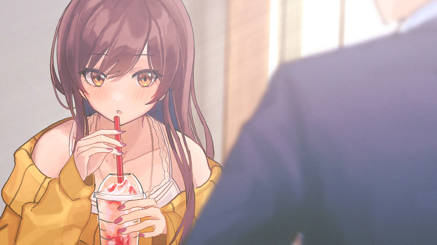 1boy 1girl :o blurry blush cafe collarbone cup depth_of_field disposable_cup formal glint highres idolmaster idolmaster_shiny_colors jewelry kuro_fjmy long_sleeves looking_at_another nail_polish necklace off_shoulder oosaki_amana producer_(idolmaster) redhead sleeves_past_wrists smoothie solo_focus suit sunlight sweater upper_body yellow_sweater
