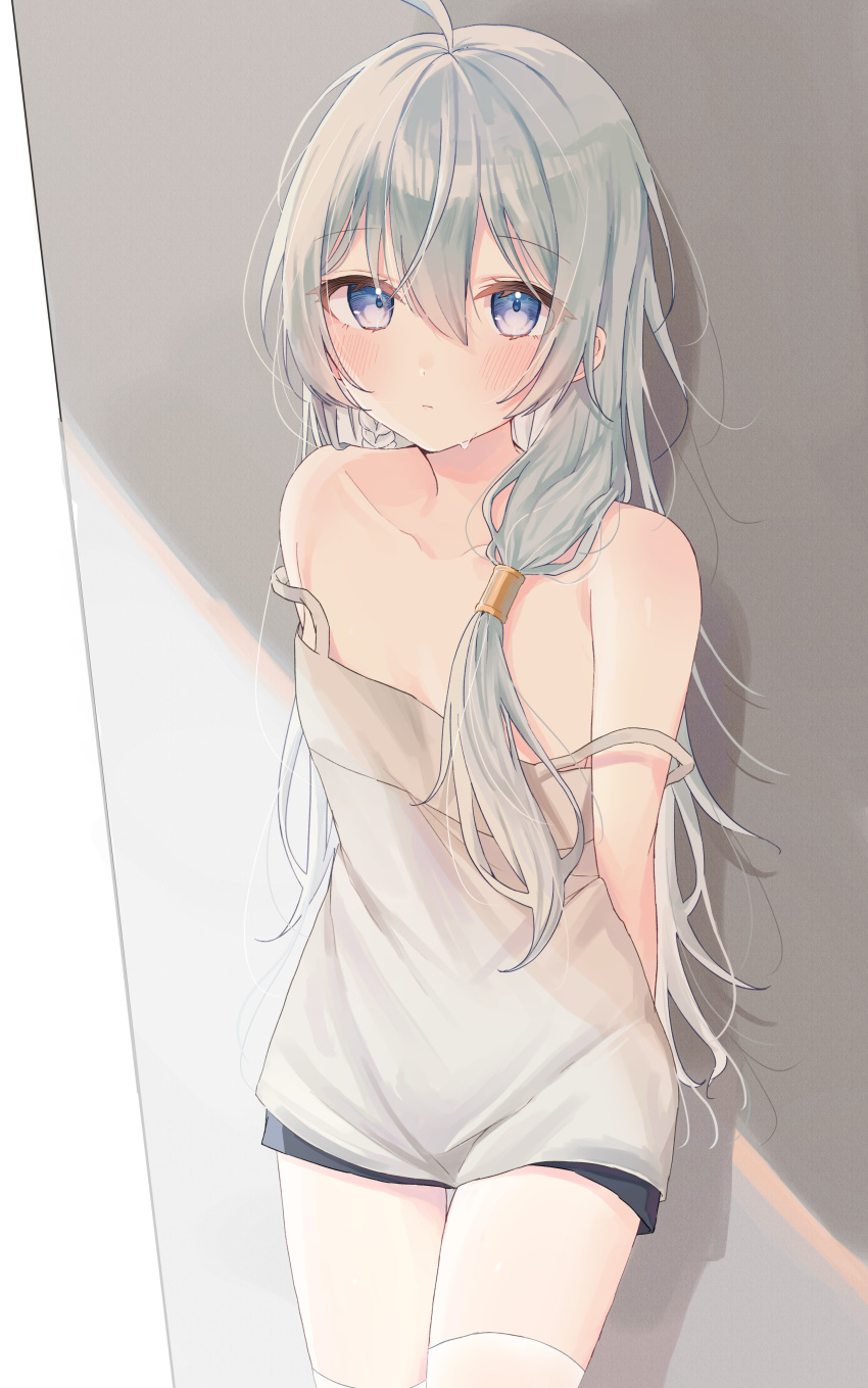 1girl absurdres ahoge bangs bare_shoulders blue_eyes blush braid camisole closed_mouth collarbone commentary_request cowboy_shot elaina_(majo_no_tabitabi) eyebrows_visible_through_hair flat_chest grey_camisole hair_between_eyes hair_over_shoulder hair_tubes highres long_hair looking_at_viewer majo_no_tabitabi no_bra riri_(ri0177) shirt side_braid silver_hair single_braid solo spaghetti_strap standing strap_slip sweat thigh-highs wardrobe_malfunction white_legwear