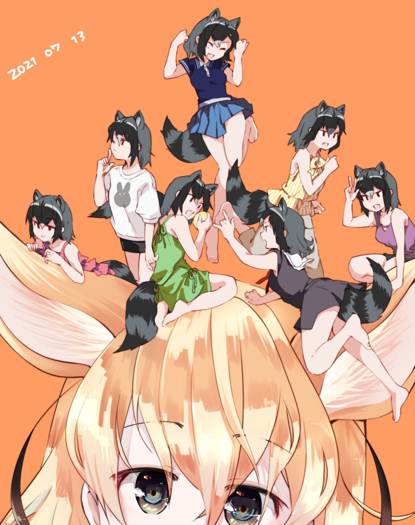 6+girls alternate_costume alternate_size animal_ears bare_legs bare_shoulders barefoot beige_pants black_dress black_shorts blonde_hair blue_shirt blue_skirt casual collared_shirt commentary_request common_raccoon_(kemono_friends) dress eating extra_ears eyebrows_visible_through_hair fennec_(kemono_friends) food fox_ears fox_girl green_dress grey_hair highres japari_bun kemono_friends multicolored_hair multiple_girls nanana_(nanana_iz) pleated_skirt purple_shirt raccoon_ears raccoon_girl raccoon_tail red_shirt sailor_collar sailor_dress seiza shirt short_hair shorts sitting skirt sleeveless spaghetti_strap tail white_shirt yellow_eyes yellow_shirt