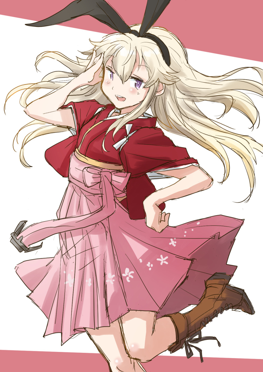 1girl anchor black_hairband blonde_hair boots brown_footwear commentary_request cosplay cowboy_shot cross-laced_footwear fuji_(pixiv24804665) grey_eyes hairband hakama highres japanese_clothes kamikaze_(kancolle) kamikaze_(kancolle)_(cosplay) kantai_collection kimono lace-up_boots long_hair meiji_schoolgirl_uniform pink_hakama red_kimono salute shimakaze_(kancolle) solo standing standing_on_one_leg