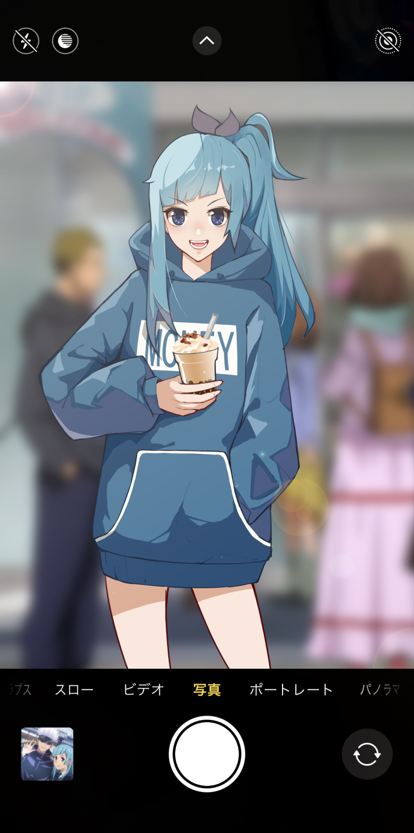 1boy 4girls bare_legs blue_eyes blue_hair blue_hoodie blurry blurry_background bow breasts chinese_commentary commentary_request cowboy_shot drink eyebrows_visible_through_hair gojou_satoru hair_bow hand_in_pocket highres holding holding_drink hood hood_down hoodie jujutsu_kaisen long_hair long_sleeves looking_at_viewer milkshake miwa_kasumi moetora multiple_girls open_mouth phone_screen ponytail purple_bow smile solo_focus tears v-shaped_eyebrows