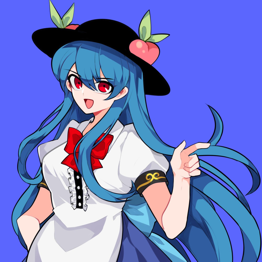 1girl bangs black_headwear blouse blue_background blue_bow blue_dress blue_hair bow buttons collar dress eyebrows_visible_through_hair eyes_visible_through_hair food fruit hair_between_eyes hand_on_hip hand_up hat highres hinanawi_tenshi leaf long_hair looking_at_viewer mindoll open_mouth peach puffy_short_sleeves puffy_sleeves red_bow red_eyes red_neckwear short_sleeves simple_background smile solo touhou white_blouse white_collar white_sleeves