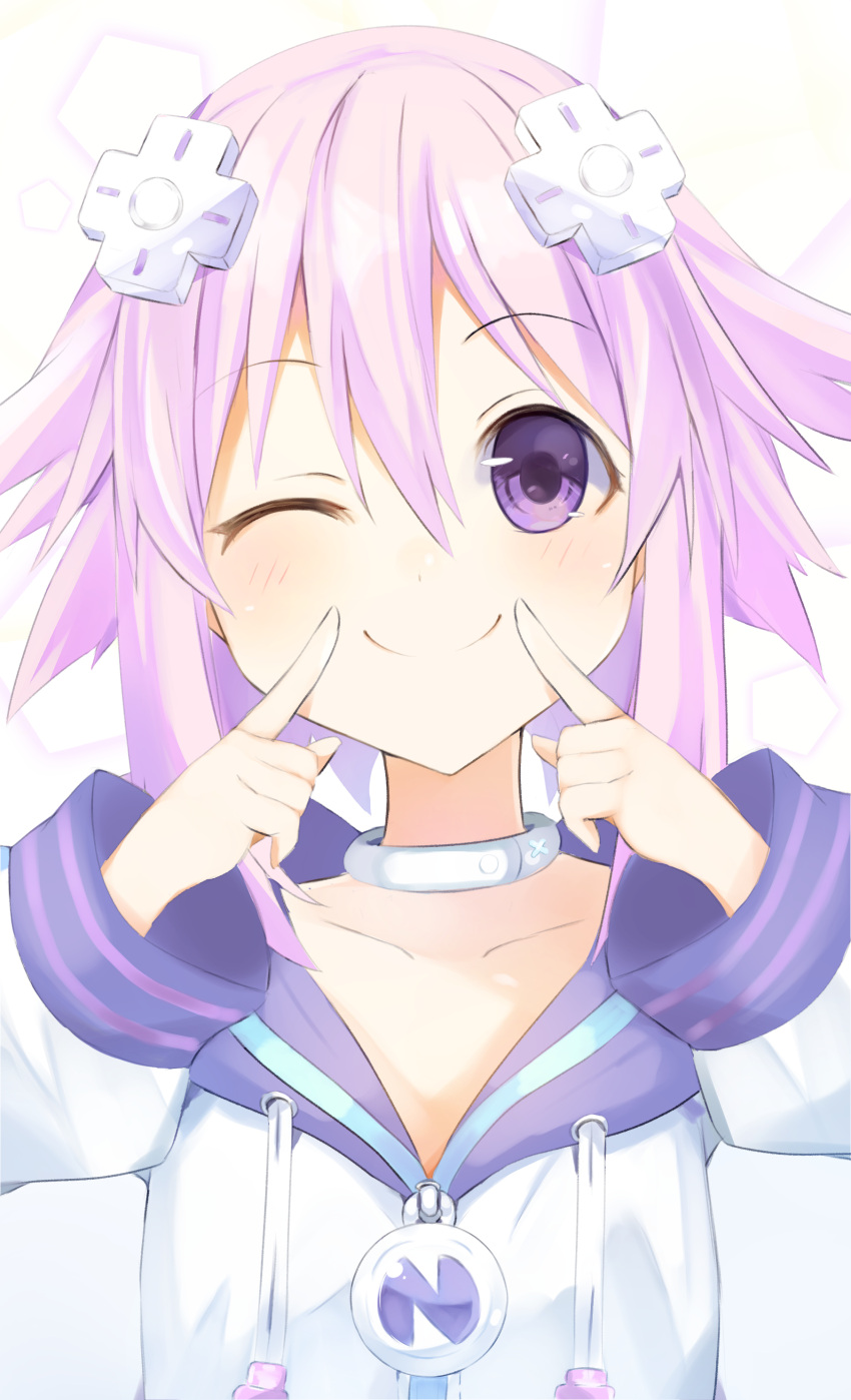 1girl absurdres bangs bimmy blush choker d-pad d-pad_hair_ornament eyebrows_visible_through_hair hair_between_eyes hair_flaps hair_ornament highres hood hoodie looking_at_viewer neptune_(neptune_series) neptune_(series) purple_hair short_hair sidelocks simple_background smile solo violet_eyes white_background white_hoodie