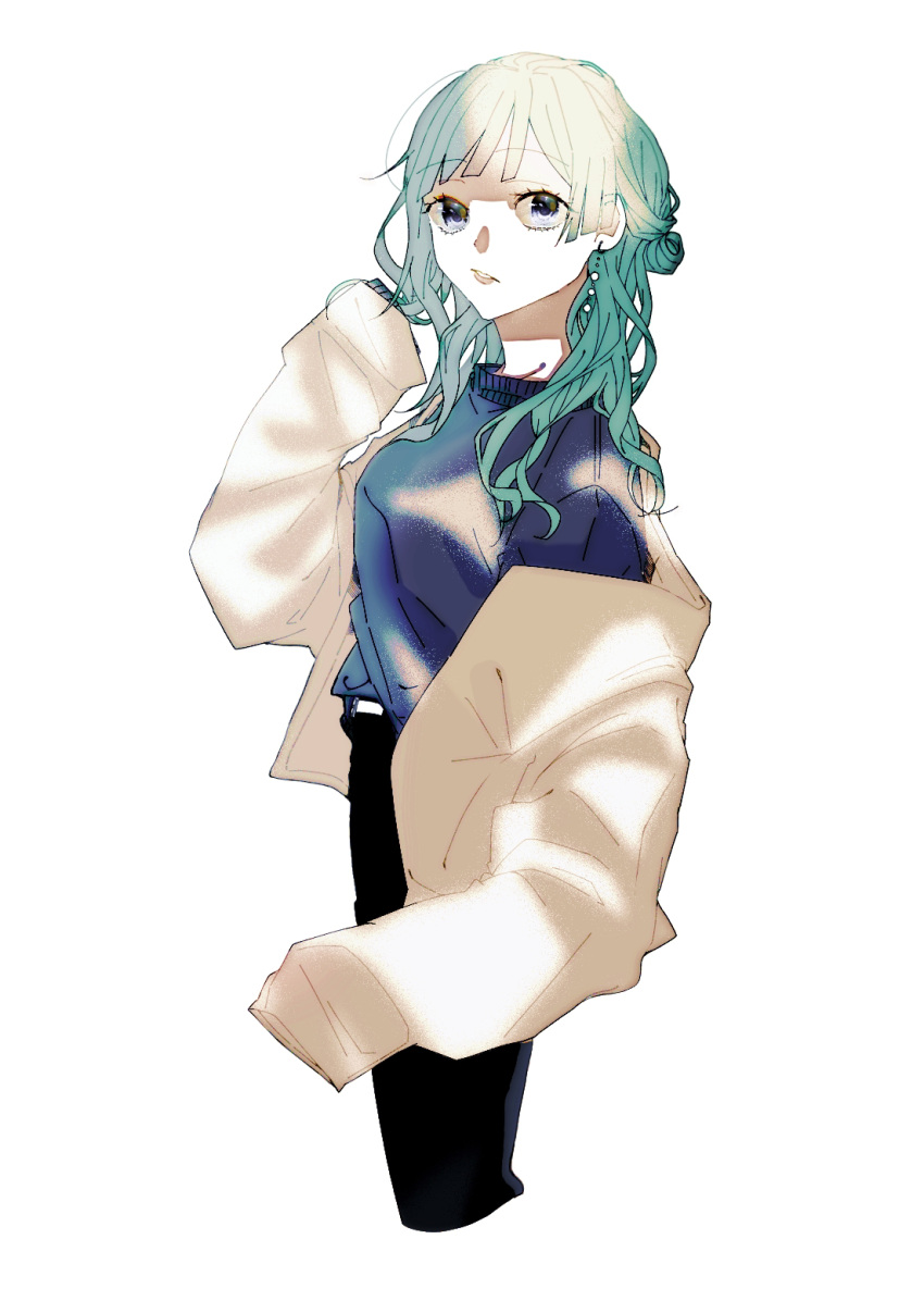1girl :/ aqua_hair bangs black_pants blue_eyes blue_sweater casual commentary_request cropped_legs earrings eyebrows_visible_through_hair feet_out_of_frame from_side hand_up highres jacket jewelry jujutsu_kaisen long_hair long_sleeves looking_at_viewer looking_to_the_side miwa_kasumi mochi_(pkmt) off_shoulder pants parted_lips simple_background sleeves_past_fingers sleeves_past_wrists solo sweater white_background white_jacket