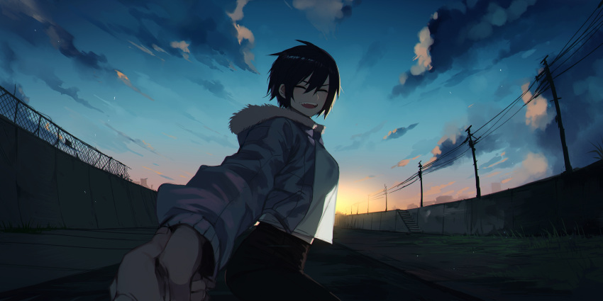1girl 1other :d absurdres black_hair black_pants blue_jacket blue_sky breasts closed_eyes clouds cloudy_sky commentary english_commentary facing_viewer fangs fence fingernails fur-trimmed_jacket fur_trim highres holding_hands jacket long_sleeves medium_breasts night night_sky open_clothes open_jacket open_mouth original pants pov pov_hands ratatatat74 reaching_out riverbank see-through_silhouette shirt short_hair sky smile sunset white_shirt