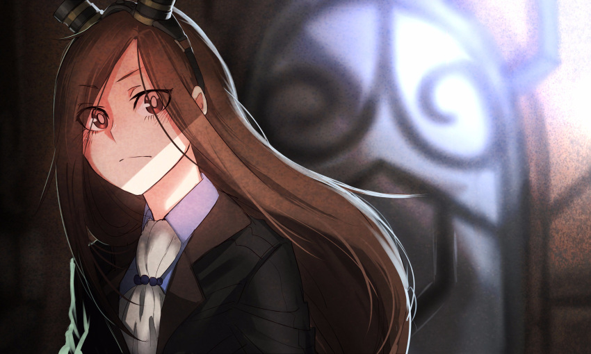 1girl black_jacket blurry blurry_background bright_pupils brown_eyes brown_hair closed_mouth copyright_request cravat depth_of_field goggles goggles_on_head highres jacket korean_commentary long_hair looking_at_viewer ratatatat74 solo upper_body white_neckwear white_pupils