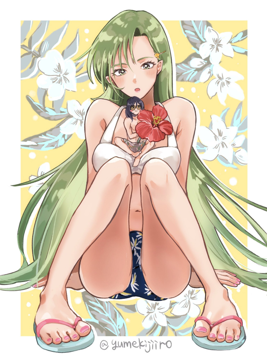 1boy 1girl barefoot_sandals bikini blue_hair blush choujikuu_yousai_macross couple flower giant giantess green_eyes green_hair hair_behind_ear hetero highres holding holding_flower long_hair macross maximilian_jenius meltrandi midriff millia_jenius navel pointy_ears red_flower sitting size_difference smile sunglasses swimsuit white_bikini yumekijiiro