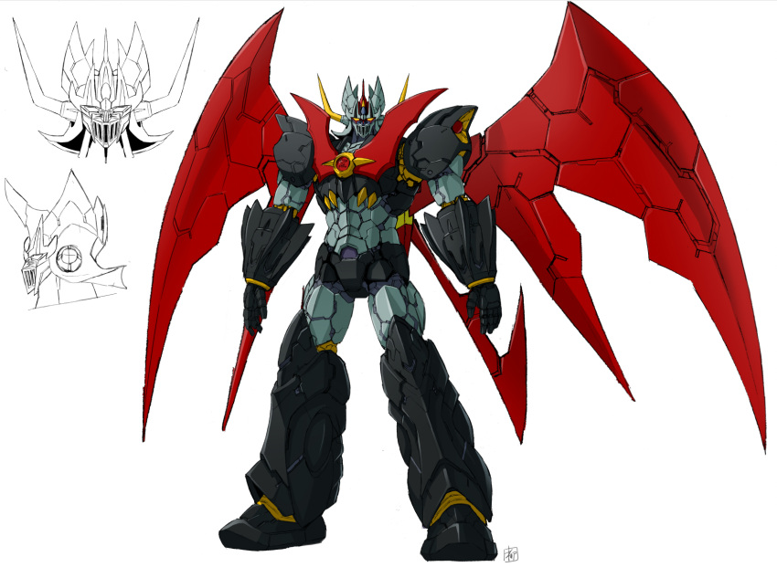 character_sheet highres looking_at_viewer mazinger_(series) mazinger_z mazinger_z:_infinity mazinkaiser_(robot) mecha mechanical_wings no_humans official_art open_hands science_fiction super_robot white_background wings yanase_takayuki yellow_eyes