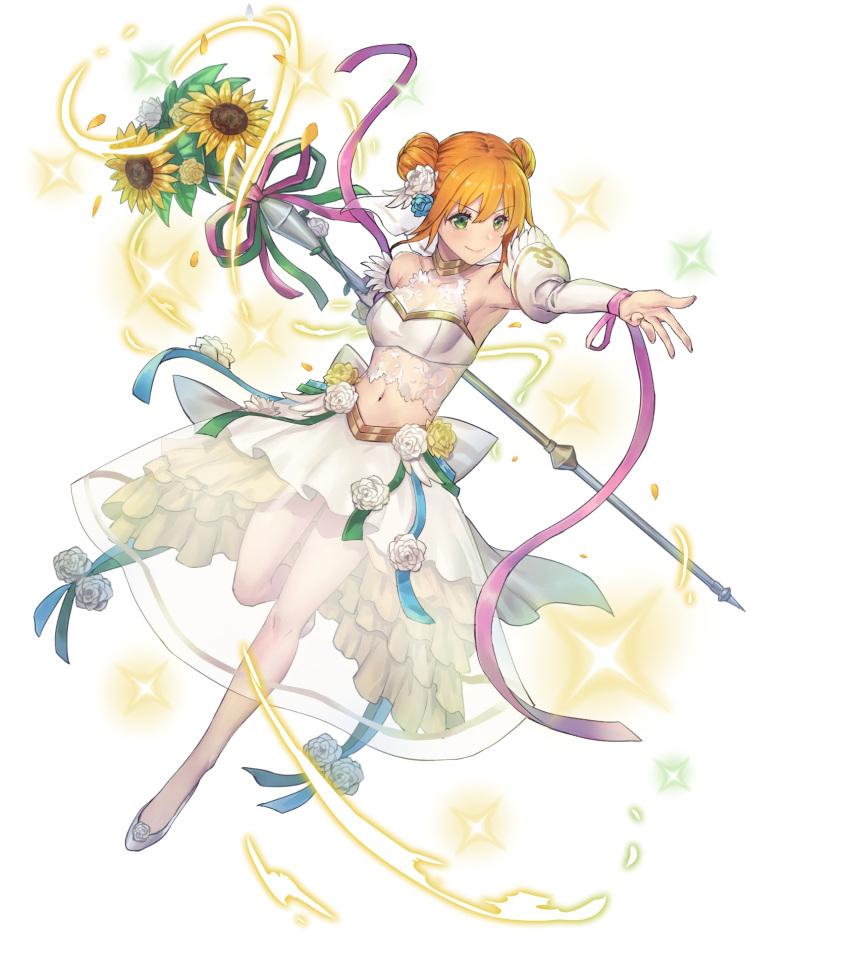 1girl attack bare_shoulders detached_sleeves double_bun fire_emblem fire_emblem_heroes highres holding holding_staff larum_(fire_emblem) long_sleeves magic navel see-through simple_background solo staff stomach white_background