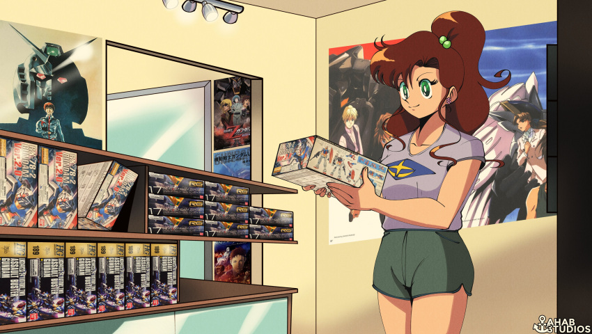 1girl absurdres ahabs_studios amuro_ray artist_name bishoujo_senshi_sailor_moon box breasts bright_pupils brown_hair collarbone commission duo_maxwell earrings emerelda_zubin flower_earrings gigi_andalusia green_eyes green_shorts grey_shirt gundam gundam_hathaway's_flash gundam_mk_ii gundam_unicorn gundam_wing gundam_wing_endless_waltz hair_behind_ear hathaway_noa heero_yuy highres holding holding_box jewelry kino_makoto looking_down medium_breasts mobile_suit_gundam ponytail poster_(object) quattro_vageena relena_peacecraft rx-78-2 shirt shirt_tucked_in shorts smile solo t-shirt unicorn_gundam v2_gundam victory_gundam white_pupils wing_gundam_zero_custom zeta_gundam zeta_gundam:_a_new_translation