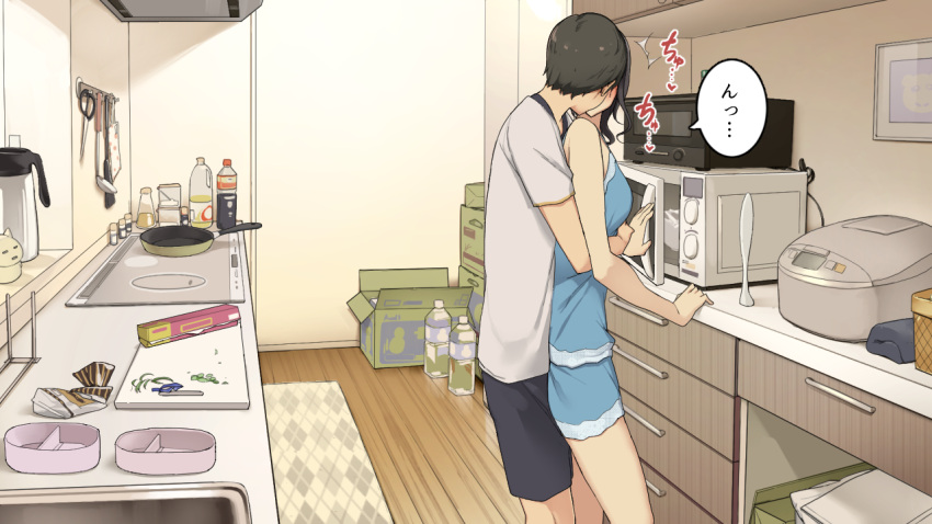 1boy 1girl black_hair black_shorts blue_dress bottle bowl brown_hair dress food frying_pan hetero hug hug_from_behind indoors kiss kiss_from_behind kitchen microwave obentou original ponytail shirt short_hair short_sleeves shorts sleeveless sleeveless_dress t-shirt wakamatsu372