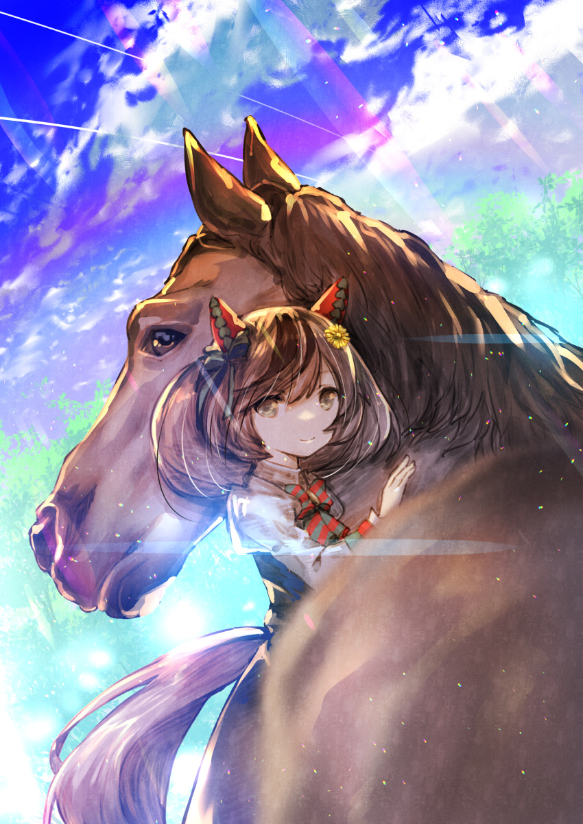 absurdres animal_ears blurry blurry_foreground bow brown_eyes brown_hair clouds creature_and_personification depth_of_field dress hair_ornament hairpin highres horse horse_ears horse_girl horse_tail lens_flare mane nice_nature_(racehorse) nice_nature_(umamusume) sky smile tail twintails umamusume usapenpen2019