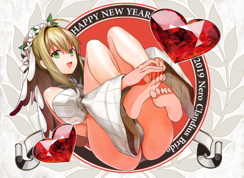 1girl ahoge bangs bare_shoulders barefoot blonde_hair blush breasts detached_collar detached_sleeves fate/extra fate/extra_ccc fate/grand_order fate_(series) feet flower_wreath gem green_eyes hair_between_eyes hair_intakes happy_new_year head_wreath heart large_breasts legs leotard long_hair looking_at_viewer nero_claudius_(bride)_(fate) nero_claudius_(fate)_(all) new_year open_mouth puffy_sleeves ruby_(gemstone) smile soles toes veil white_leotard wide_sleeves ysmmzr