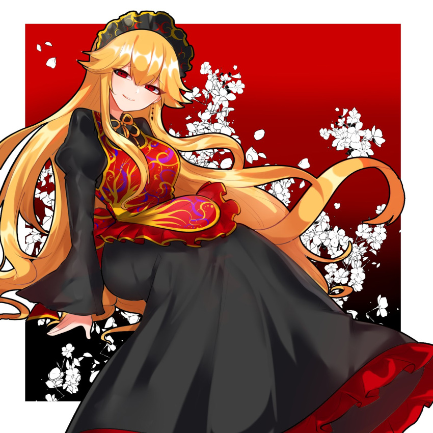1girl apron bangs black_background black_dress black_headwear black_sleeves blonde_hair border bow breasts closed_mouth crescent dress earrings eyebrows_visible_through_hair eyes_visible_through_hair floral_background flower frills gradient gradient_background hair_between_eyes highres jewelry junko_(touhou) long_hair long_sleeves looking_at_viewer maid_headdress medium_breasts mindoll red_apron red_background red_bow red_eyes sitting smile solo teeth touhou very_long_hair white_border white_flower yellow_bow yellow_neckwear