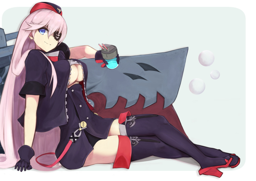 1girl azur_lane bangs black_eyepatch black_gloves black_legwear blue_eyes breasts closed_mouth crossed_legs cup eyebrows_visible_through_hair eyepatch full_body gloves hair_between_eyes hand_on_floor holding holding_cup large_breasts long_hair looking_at_viewer marshall_k on_floor pink_hair red_headwear sandals scharnhorst_(azur_lane) smile solo thigh-highs under_boob uniform white_background