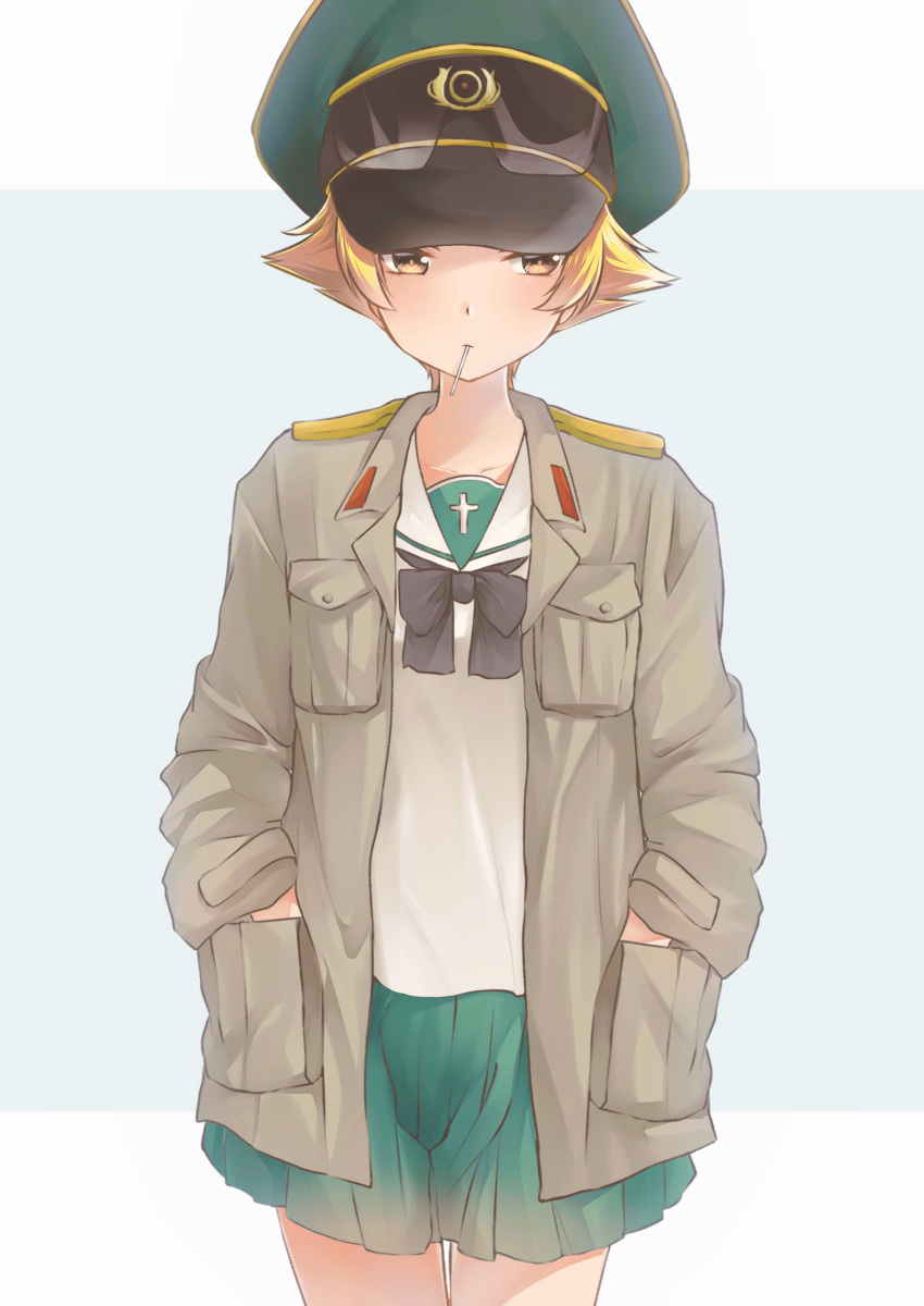 1girl absurdres blouse bow commentary erwin_(girls_und_panzer) girls_und_panzer goggles goggles_on_headwear half-closed_eyes hands_in_pockets hat highres jacket jimanaka_(yukinosingun) long_sleeves looking_at_viewer military_hat military_jacket mouth_hold neckerchief ooarai_school_uniform open_clothes open_jacket peaked_cap pleated_skirt pointy_hair school_uniform serafuku short_hair skirt solo standing