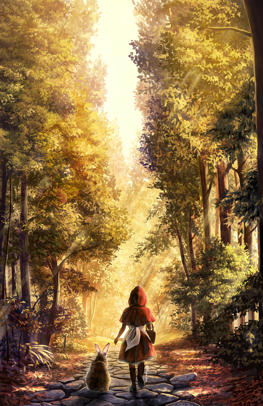 absurdres artist_name basket day fantasy forest from_behind highres huge_filesize nature original outdoors rabbit red_hood red_skirt regu_(7lava) scenery shoes skirt solo sunlight tree walking