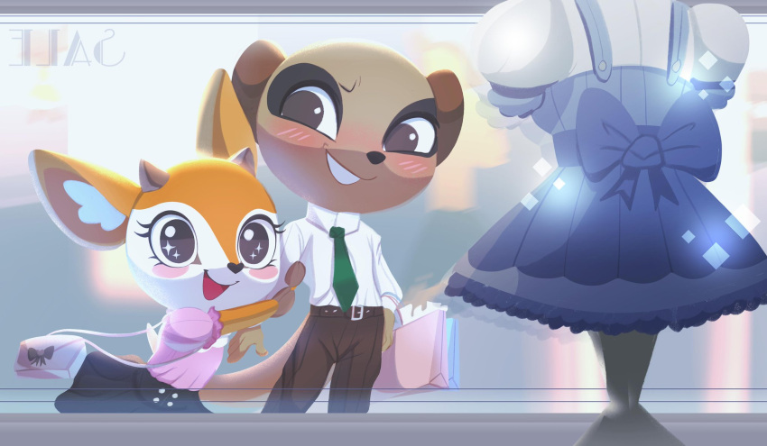 aggressive_retsuko antelope bag blush city clothes couple detailed_background dress furry gazelle handbag hetero highres jaykittens_(artist) komiya_(aggretsuko) looking_at_another meerkat necktie sanrio shopping shopping_bag skirt sparkle sparkling_eyes tsunoda_(aggretsuko)