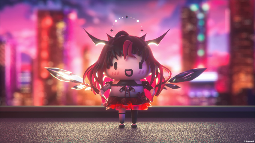 1girl 3d absurdres bangs black_hair blurry blurry_background blush chibi detached_sleeves detached_wings gradient_hair halo highres hololive hololive_english horns irys_(hololive) kanoooooo multicolored_hair open_mouth pink_hair pink_skirt single_legging single_thighhigh skirt solo thigh-highs virtual_youtuber walfie_(style) wings