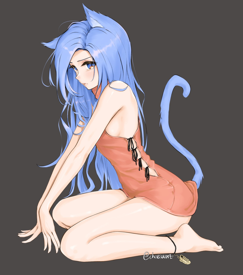 1girl animal_ears artist_name bare_arms bare_legs bare_shoulders barefoot black_background blue_eyes blue_hair cat_ears cat_tail chaesu commentary dress highres kemonomimi_mode long_hair looking_at_viewer microdress minah_(chaesu) orange_dress original simple_background sitting solo tail thighs twitter_username wariza