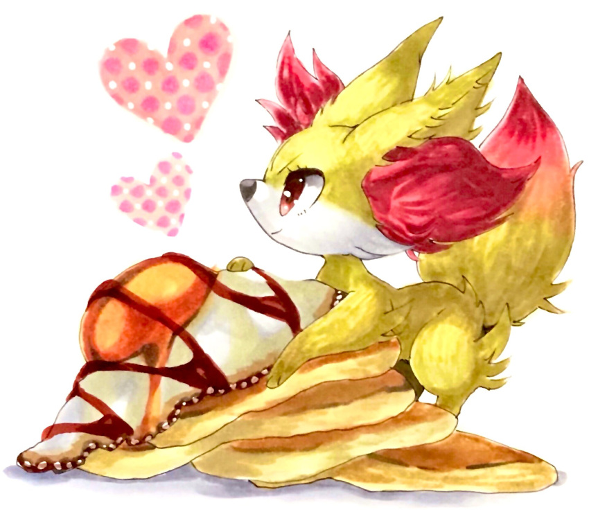 animal_ear_fluff chocolate closed_mouth commentary english_commentary fennekin food fried_egg from_side gen_6_pokemon happy heart highres looking_up marker_(medium) mofuo pancake pokemon pokemon_(creature) profile red_eyes simple_background smile sunny_side_up_egg traditional_media white_background