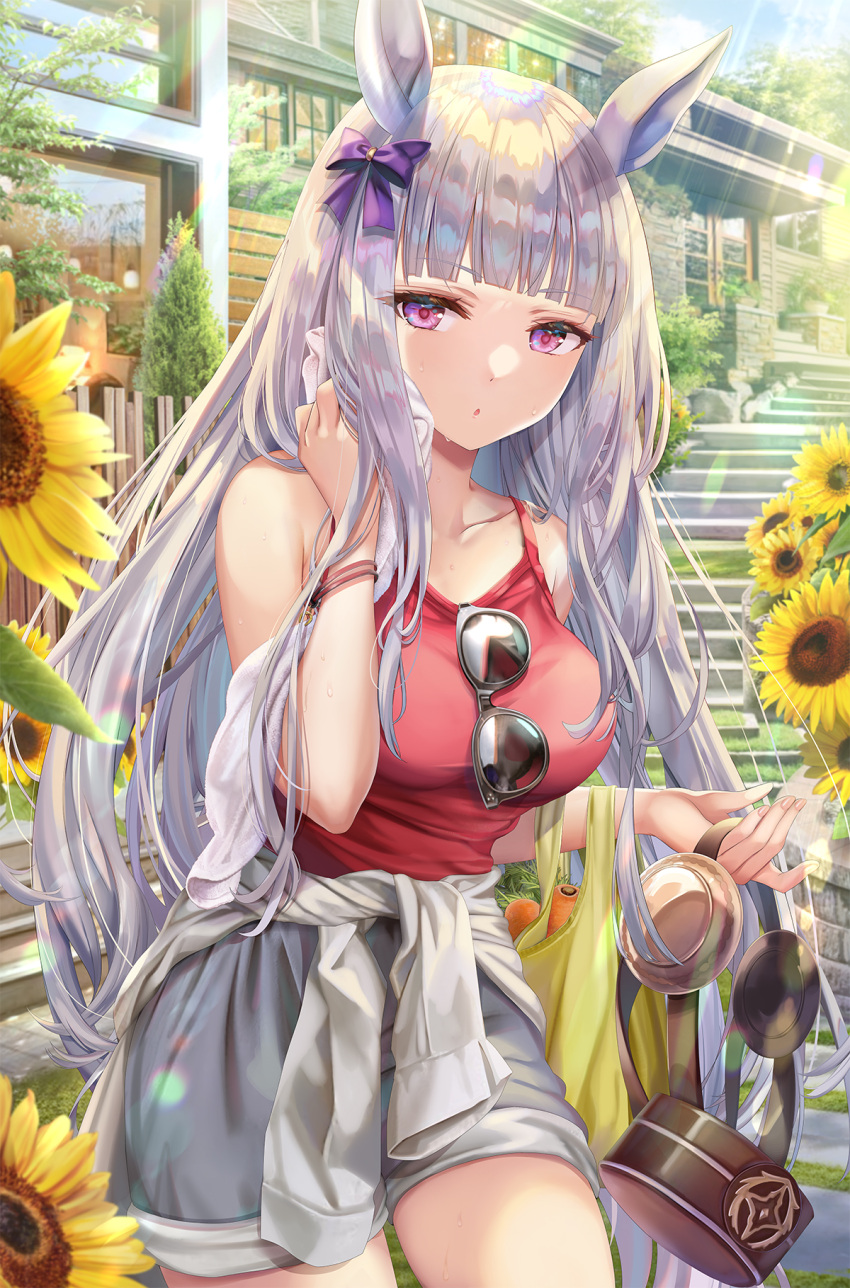 1girl :o alternate_costume bag bangs blunt_bangs bow breasts building bush carrot clothes_around_waist collarbone commentary_request cowboy_shot day eyebrows_visible_through_hair eyewear_hang eyewear_removed flower gold_ship_(umamusume) grey_shorts hair_bow hand_up hat headwear_removed highres holding holding_clothes holding_hat holding_towel jacket jacket_around_waist large_breasts long_hair looking_at_viewer outdoors parted_lips pillbox_hat pink_eyes purple_bow red_shirt shirt shorts silver_hair solo stairs standing sunflower sunglasses sunlight sweat torino_akua towel umamusume very_long_hair white_jacket wiping_sweat wristband yellow_flower